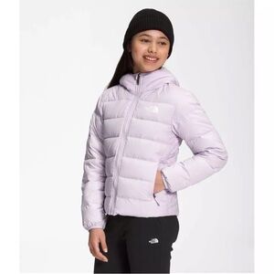 The North Face Girls Reversible Down Hooded Jacket Black Lavender SIZE L
